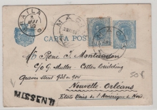 Rumänien, 1899, 5 Bani- GS- Karte, + 5 Bani- Zusatz, als Auslands- Postkarte von Macin nach New- Orleans (USA) und zurück!