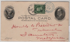USA, 1902, 1 Ct.- GS- Karte + 1 Ct. Zusatz, gelaufen als Auslandspostkarte von New York nach Madagaskar! Sehr selten!