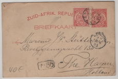 Süd- Afrika, 1893, 1 P.- GS- Karte + 1 P. Zusatz, gelaufen als Auslandspostkarte von Pretoria via London nach The Hague (NL)