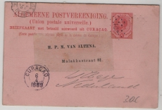Curacao, 1889, 5 Ct. - Antwort- GS- Karte gelaufen als Auslands- Postkarte von  Curacao nach The Hague (NL)