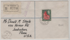 St. Vincent, 1949, 1,2 $ EF gelaufen als Luftpost- Auslands- Einschreiben von Kingstown nach Jenkintown (USA)