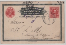 Venezuela, 1908, 10 Ct.- GS- Karte gelaufen als Auslandspostkarte von Caracas nach Paris (Fr.)