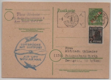 Berlin, 1949, 10 Pfg. GS- Karte Mi.- Nr.: P3 + Mi.- Nr.: 21 als Zusatz + Sonderstempel als Fernpostkarte von Berlin nach Peissenberg