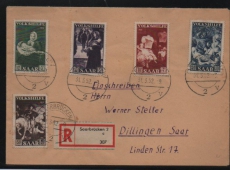 Saarland, 1952, Mi.- Nrn.: 309- 13 als Satzbrief- MiF, auf Einschreiben- Fernbrief von Saarbrücken nach Dillingen, gepr. BPP!