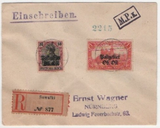 Postgebiet Ober Ost, 1915, Mi.- Nrn.: 2, 3, 5, 8, 10, 11 + 12 je in MiF auf 2 R.- Fernbriefen, von Suwalki nach Nürnberg, mit Zensur