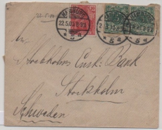 DR, Krone- Adler / Germania- Reichspost, 1900, Mi.- Nrn.: 46 (2x, GS- Ausschnitte) + 56 in MiF auf Auslandsbrief von Hamburg nach Stockholm