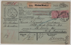 DR, Kaiserreich, 1891, Mi.- Nr.: 37e (2x) u.a. rs., als MiF auf Paketkarte für 1 Paket von Minden nach St. Louis (USA) R!
