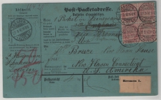 DR, Kaiserreich, 1892, Mi.- Nr.: 37e (3x) + 37Ve, als MEF auf Paketkarte für 1 Paket von Dresden nach New Haven (USA) RRR!