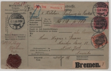 DR, Kaiserreich, 1900, Mi.- Nr.: 37 f, 59 + 62, als MiF auf Paketkarte für 1 Wert- Paket von Pforzheim nach New York (USA) RRR!