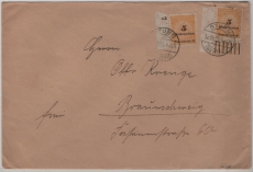 DR, Hochinflation, 1923, Mi.- Nr.: 327 (2x, 1x vom Sr mit Pl. Nr., 1x mit Er) als MeF auf Fernbrief von Stuhm nach Braunschweig