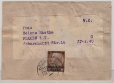 III. Reich, Dt. Bes. II WK., GG, ca. 1940, Mi.- Nr.: 1 als EF auf Streifband von Krakau nach Plauen