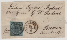 Hannover, ca. 1851, Mi.- Nr.: 1, als EF auf Fernbrief- Vorderseite von Osnabrück (netter Stempel!) nach Bremen