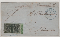 Hannover, ca. 1857, Mi.- Nr.: 9 (2x) + 1 Randbordüre, als MeF auf R.- Fernbrief von Dorfhagen (netter Vorphila- Stempel!) nach Bremen