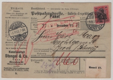 DR, Germania 1913, Mi.- Nr.: 93 I als EF auf Auslandspaketkarte für 1 Paket von Dresden nach Bern (CH)