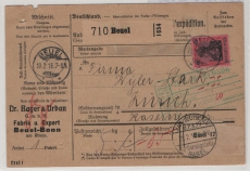 DR, Germania 1916, Mi.- Nr.: 93 II als EF auf Auslandspaketkarte für 1 Paket von Beuel nach Zürich (CH)