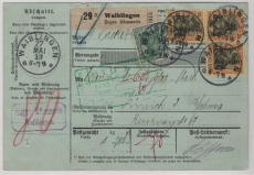 DR, Germania 1913, Mi.- Nrn.: 85I + 88I (3x) als MiF auf Auslandspaketkarte für 1 Paket von Waiblingen nach Zürich (CH)