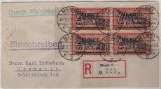 Memel, 1921, Mi.- Nr.: 69 (4x, im Sr. 4er- Block) als MeF auf Luftpost- R- Fernbrief von Memel nach Moys, akt. FA Huylmans BPP!