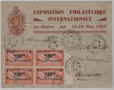 Frankreich, 1929, Mi.- Nr.: 239 (4x, im 4er- Block), als MeF auf Auslands- Einschreiben von Le Havre nach Monaco
