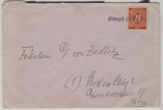 D, Kontrollrat / OST, ca. 1946, Mi.- Nr.: 925 als EF auf Fernbrief (mit Notstempel!) von Gingst / Rügen nach Berlin, selten!