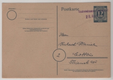 D, Kontrollrat / OST, ca. 1946, 12 RPfg.- (Ziffern)- GS- Karte, als Fernpostkarte (mit Notstempel!) von Sachsenhausen nach Cottbus, selten!