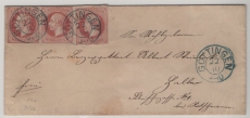 Hannover, ca. 1863, Mi.- Nr.: 14 (3x), als MeF auf Fernbrief von Göttingen nach nach (Fulda???)