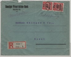 Danzig, 1923, Mi.- Nr.: 186 (2x) als MeF, auf Auslands- Einschreiben von Danzig nach Basel (CH)