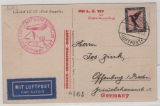 DR, 1929, Mi.- Nr.: 382 als EF auf Zeppelinpostkarte, von Friedrichshafen via Orientfahrt 1929 nach Offenburg