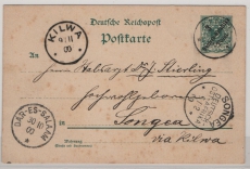 DOA, 1898, 3 Pesa- Überdruck- GS (Mi.- Nr.: P 5) als Fernpostkarte von Lindi, via Kilwa, Dar-es-Salam nach Songea