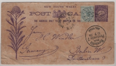 Australien / New South Wales, 1894, 1 P. - GS- Karte + 1/2 P Zusatzfrankatur, gelaufen von Murwillumbah (?) nach Berlin