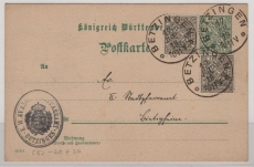 Württemberg, 1919, 5 RPfg.- Innendienst- GS- Karte (Mi.- Nr.: DP 28 ?) + Zusatz gelaufen von Betzingen nach L....heim