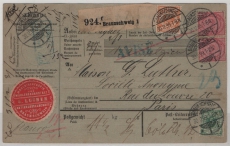 DR, 1899, Mi.- Nr.: 37 (2x) + 46 + 49 in MiF auf Auslandspaketkarte, für ein Paket von Braunschweig nach Paris (Fr.)