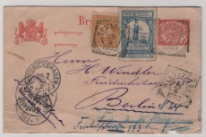 Niederländisch- Indien, 1903, 5 Ct.- GS- Karte + 2,5 Ct. Zusatz + Werbemarke von Semarang nach Berlin und nach Friedrichshagen