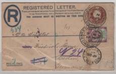 GB, 1904, 2 P.- GS- R.- Umschlag + 1,5 P. Zusatz, gelaufen als Auslands- R.- Brief von Edingbourgh nach Berlin und weiter