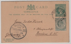 Gibraltar, 1904, 1/2 P.- Antw.- GS-Karte + 1/2 P. Zusatzfr. (2 Könige!), gel. als Auslandspostkarte von Gibraltar nach Berlin