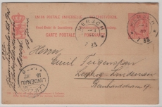 Luxemburg, 1902, 10 Ct.- GS, gelaufen als Auslandspostkarte von Mersch nach Leipzig