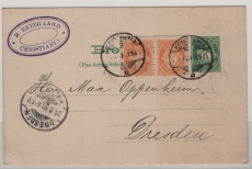 Norwegen, 1898, 5 Öre- GS- Karte + 2x 3 Öre als Zusatzfr., gelaufen als Auslandskarte von Kristiania nach Dresden
