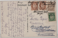 Norwegen, 1913, 1, 2x 2 + 5 Öre in MiF auf Bildpostkarte, gelaufen als Auslandskarte von Flaam nach Trebin weiter nach Reinickendorf