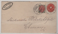 Dänemark, 1895, 8 Öre GS- Umschlag + 12 Öre Zusatzfrankatur auf Auslandsbrief von Odense nach Chemnitz