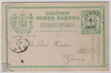 British North Borneo, 1896, 8 Ct.- GS- Karte, gelaufen als Auslandskarte von Samdakan (?) nach Ulm