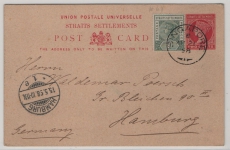 Straits Settlements, 1898, 2 Ct.- GS- Karte + 1 Ct. Zusatzfrankatur, gelaufen als Auslandskarte von Singapore nach Hamburg