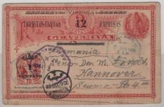 Guatemala, 1900, 12 Ct.- Expresskarten-Brief- GS- Vd + 1 Ct. Zusatz, als Auslandsbrief von San Jose de G. nach Hannover (D.)