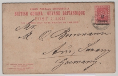 British Guiana, 1893, 2 Ct.- Überdruck- Antwort- GS- Karte, gelaufen als Auslandspostkarte von ... nach Aue (D:)