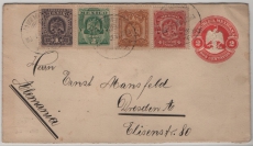 Mexiko, 1906, 2 Cent- GS- Umschlag + 10 Ct. Zusatzfr., als Auslandsbrief von Guadalupe Hidalgo nach Dresden