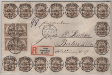 Dt. Kolonien, Kiautschou, 1907, Mi.- Nr.: 28 (20x), als MeF auf Einschreiben- Fernbrief von Litsun nach Berlin, dekorativ und selten!