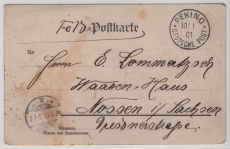 Dt. Auslandspostämter, China, 1901, Boxeraufstand, Feldpost- Postkarte, von Peking nach Nossen