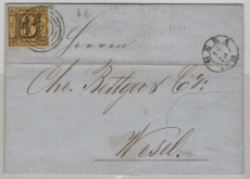 T + T, ca. 1858, Mi.- Nr.: 6 (b?) als EF auf Fernbrief von Gera nach Wesel