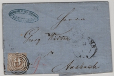 T + T, ca. 1853, Mi.- Nr.: 34 als EF auf Fernbrief von Nievennerhütte nach Ansbach