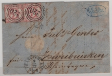 AD, T + T, 1865, Mi.- Nr.: 42 (2x) als MeF auf Fernbrief von FF/M. nach Zweibrücken