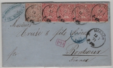 NDP, 1871, Mi.- Nr.: 15 + 16 (4x) als MiF auf Auslandsbrief von Minden nach Bordeaux (Fr.), dekorativ!