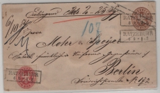AD, Preußen, ca. 1863, 3 Sg.- GS- Umschlag (Mi.- Nr.: U28 A) + 16 als Zusatz, auf Wertbrief von Ratzebuhr nach Berlin